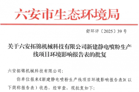 安徽制造再落一子：800萬投資新建靜電噴粉生產線獲批！